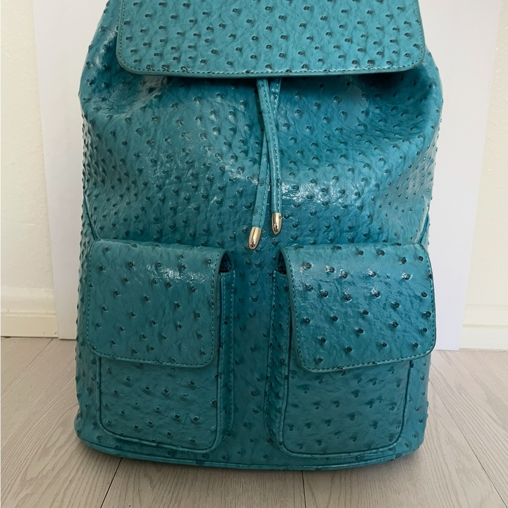 RARE! TENNIS BACKPACK in VEGAN LEATHER (Ostrich). Turquoise Blue! Textured! - Picture 2 of 6